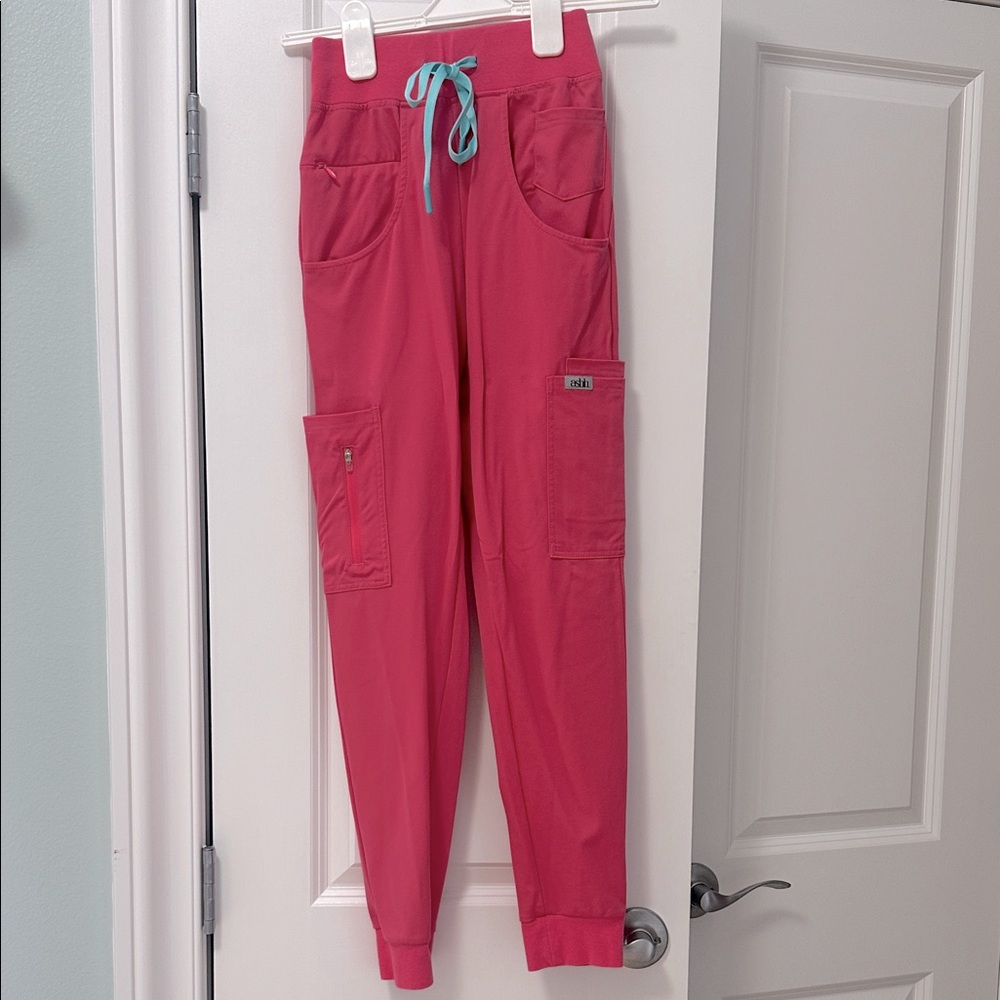 Ashh Womens Pink Scrub bottoms (Joggers) with Blue Drawstring